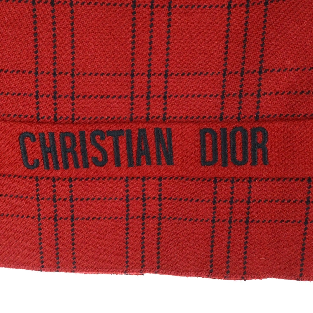 Christian Dior(クリスチャンディオール) ロゴ刺繍 チェック総柄 レザーベルト ウール プリーツ ミディアム ラップスカート レッド/ブラック レディース 851J29A1029