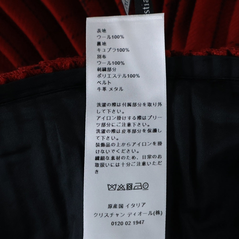 Christian Dior(クリスチャンディオール) ロゴ刺繍 チェック総柄 レザーベルト ウール プリーツ ミディアム ラップスカート レッド/ブラック レディース 851J29A1029