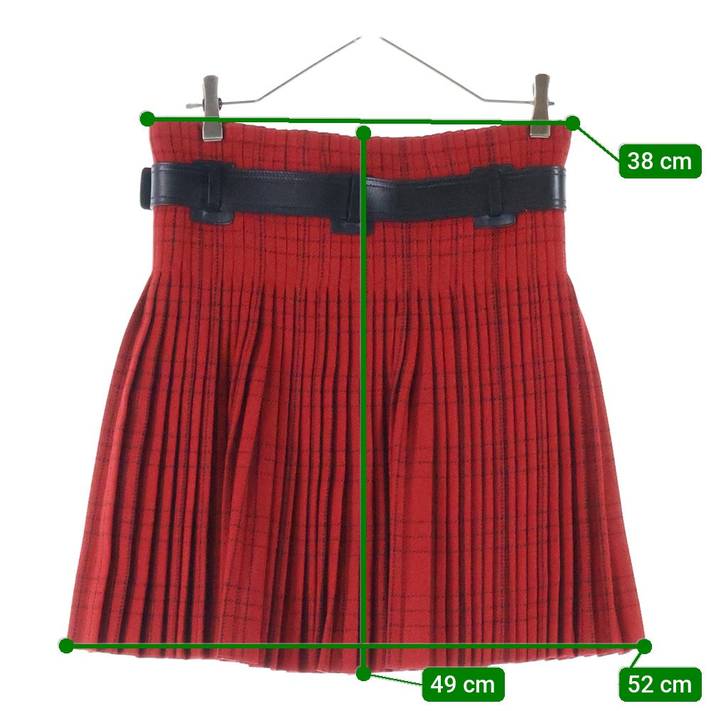 Christian Dior(クリスチャンディオール) ロゴ刺繍 チェック総柄 レザーベルト ウール プリーツ ミディアム ラップスカート レッド/ブラック レディース 851J29A1029