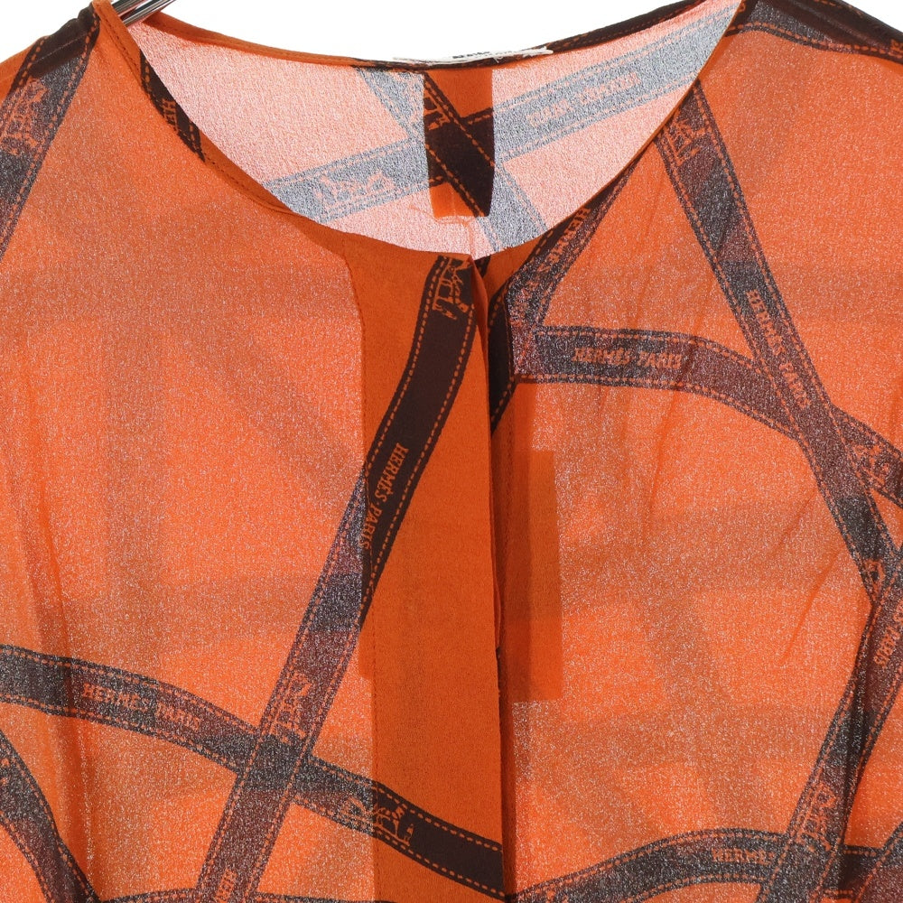 HERMES(エルメス) ボリュデュック リボン総柄 ロゴプリント シルク クルーネック 長袖シャツ ブラウス オレンジ レディース