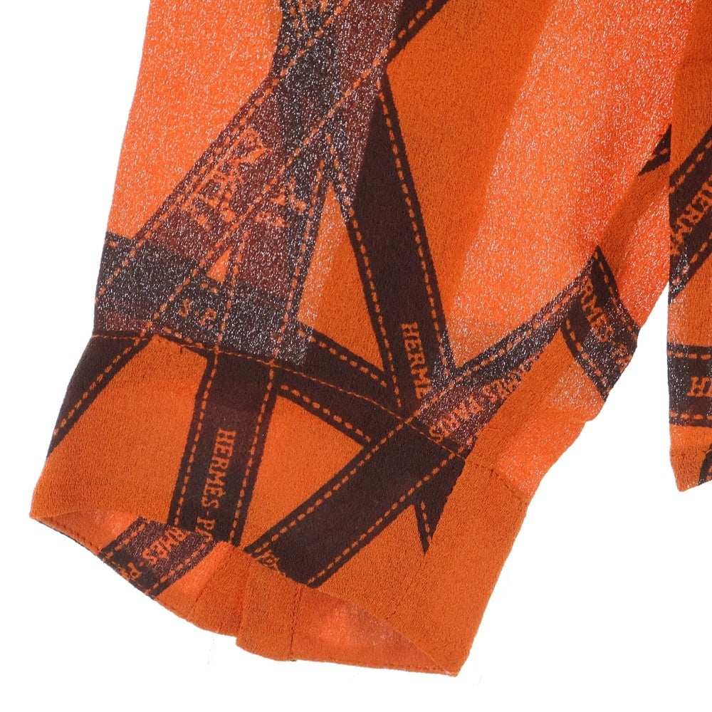 HERMES(エルメス) ボリュデュック リボン総柄 ロゴプリント シルク クルーネック 長袖シャツ ブラウス オレンジ レディース