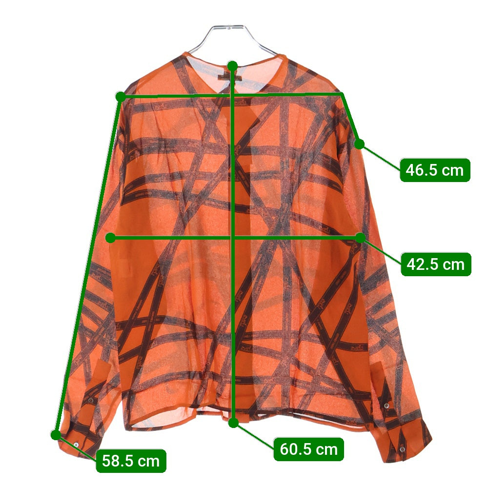 HERMES(エルメス) ボリュデュック リボン総柄 ロゴプリント シルク クルーネック 長袖シャツ ブラウス オレンジ レディース