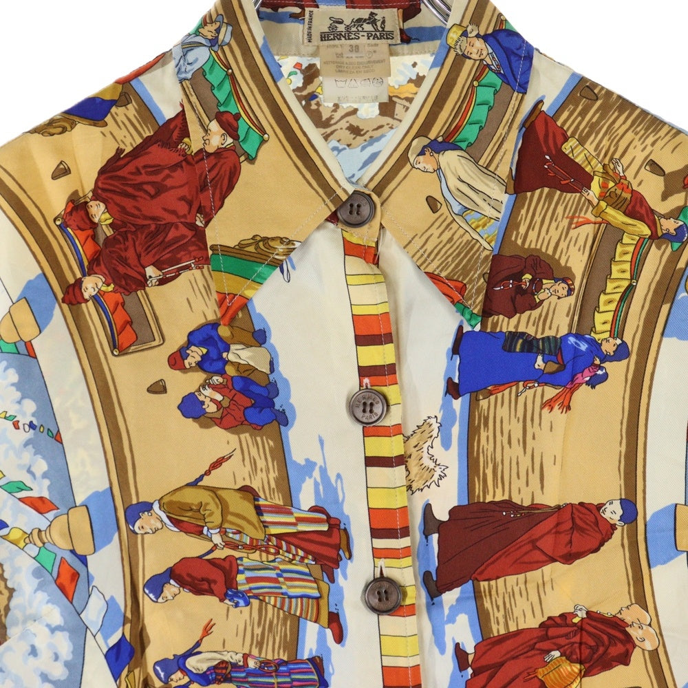 HERMES(エルメス) PRIERES AU VENT 風の中の祈り シルクスカーフ 総柄プリント 長袖シャツ マルチカラー ベージュ/ブルー レディース