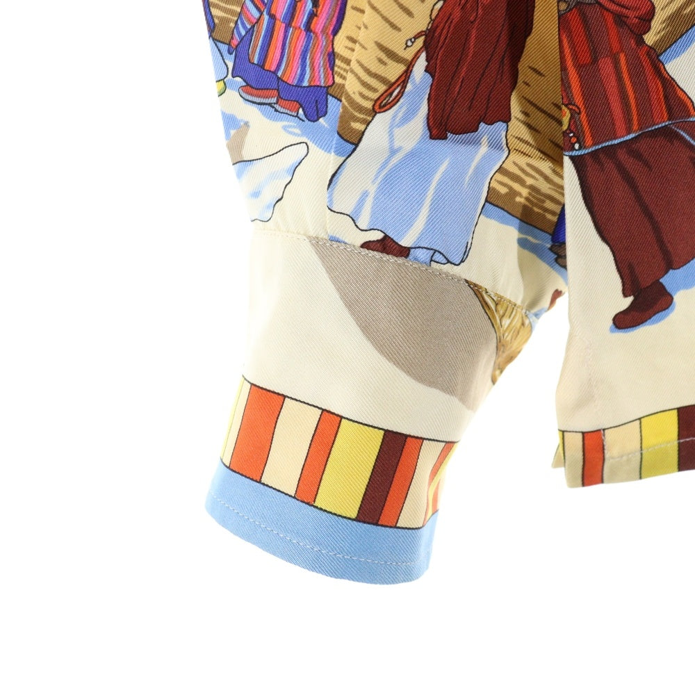 HERMES(エルメス) PRIERES AU VENT 風の中の祈り シルクスカーフ 総柄プリント 長袖シャツ マルチカラー ベージュ/ブルー レディース