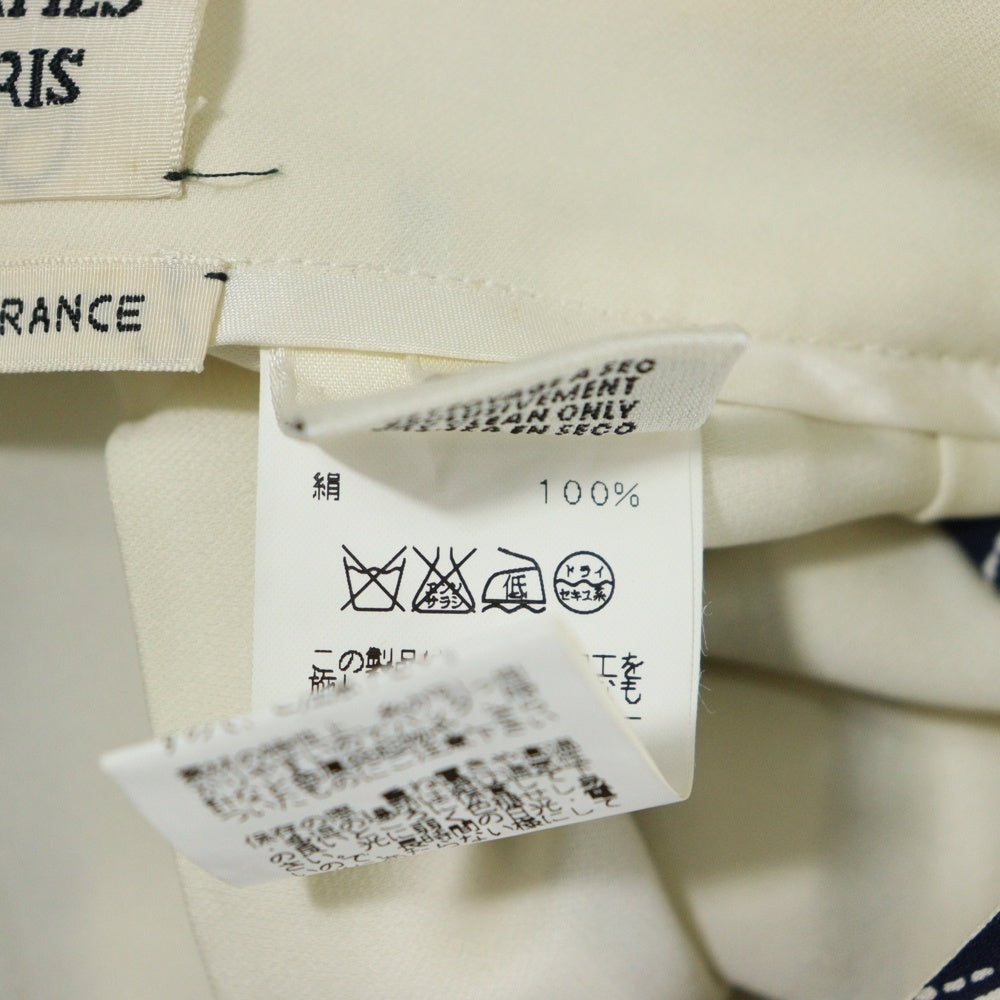 HERMES(エルメス) リボン柄 ロゴプリント シルク ミディアム プリーツ スカート ホワイト/ネイビー レディース