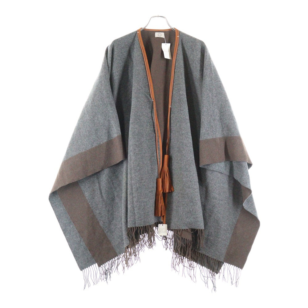 HERMES(エルメス) ロカバール カシミヤ混 ウール レザータッセル フリンジ ポンチョ ブラウン/グレー