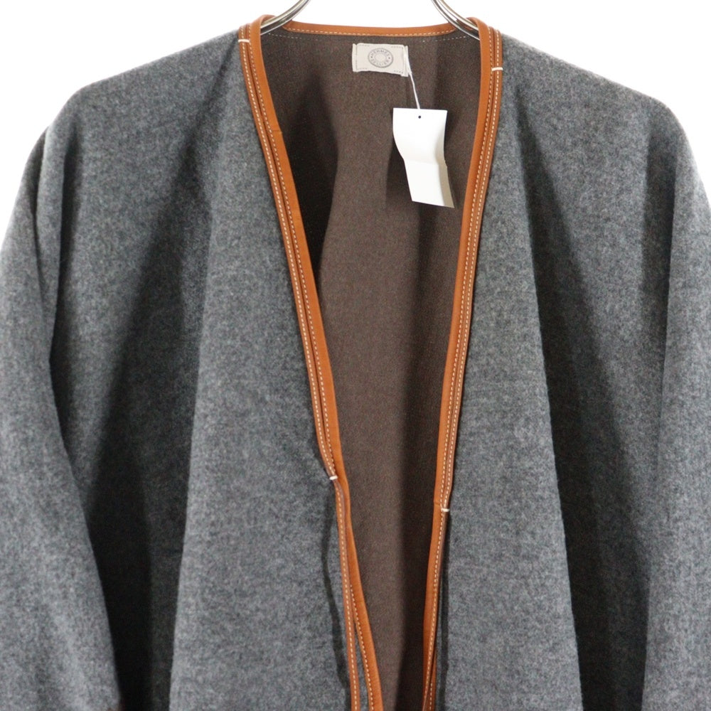 HERMES(エルメス) ロカバール カシミヤ混 ウール レザータッセル フリンジ ポンチョ ブラウン/グレー