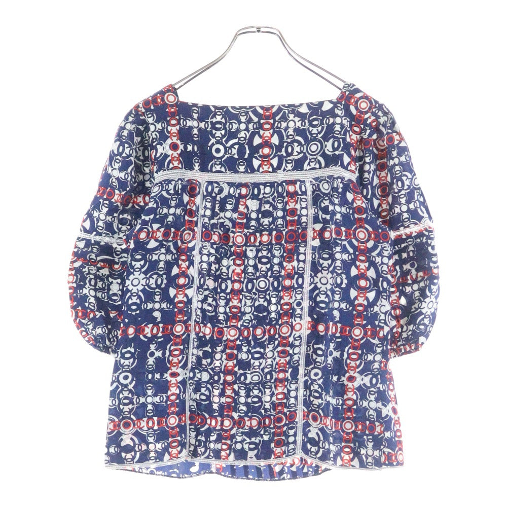 CHANEL(シャネル) 07AW ココマーク総柄プリント スクエアネック レース切り替え パフ ハーフスリーブ プルオーバーブラウス トップス ブルー/レッド レディース P319832V22160