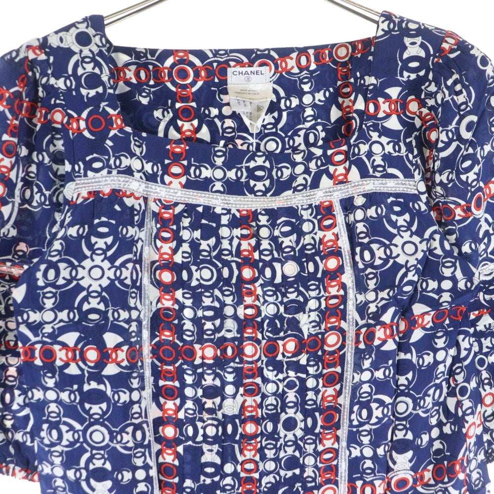 CHANEL(シャネル) 07AW ココマーク総柄プリント スクエアネック レース切り替え パフ ハーフスリーブ プルオーバーブラウス トップス ブルー/レッド レディース P319832V22160