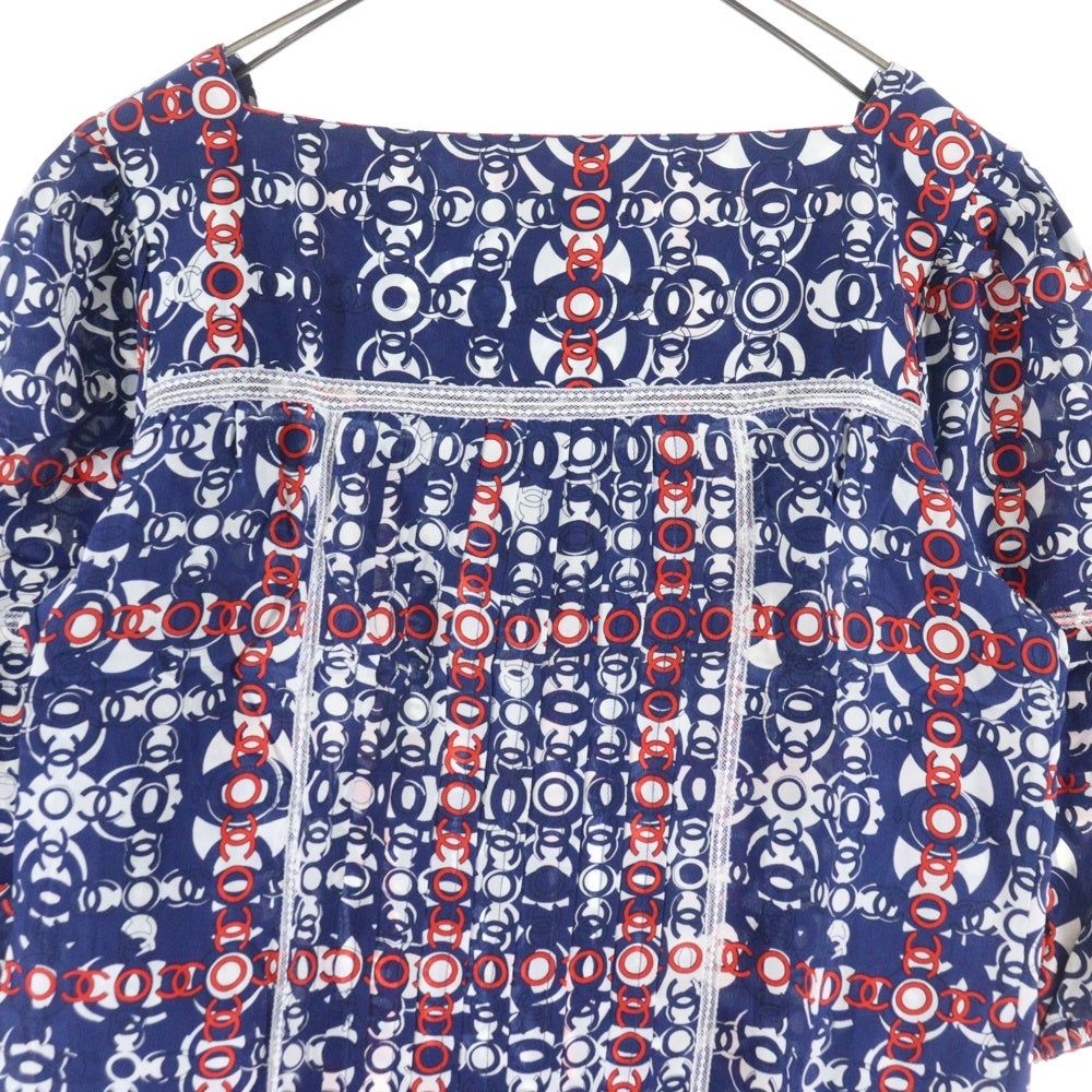 CHANEL(シャネル) 07AW ココマーク総柄プリント スクエアネック レース切り替え パフ ハーフスリーブ プルオーバーブラウス トップス ブルー/レッド レディース P319832V22160