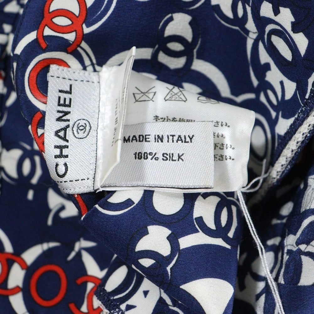 CHANEL(シャネル) 07AW ココマーク総柄プリント スクエアネック レース切り替え パフ ハーフスリーブ プルオーバーブラウス トップス ブルー/レッド レディース P319832V22160