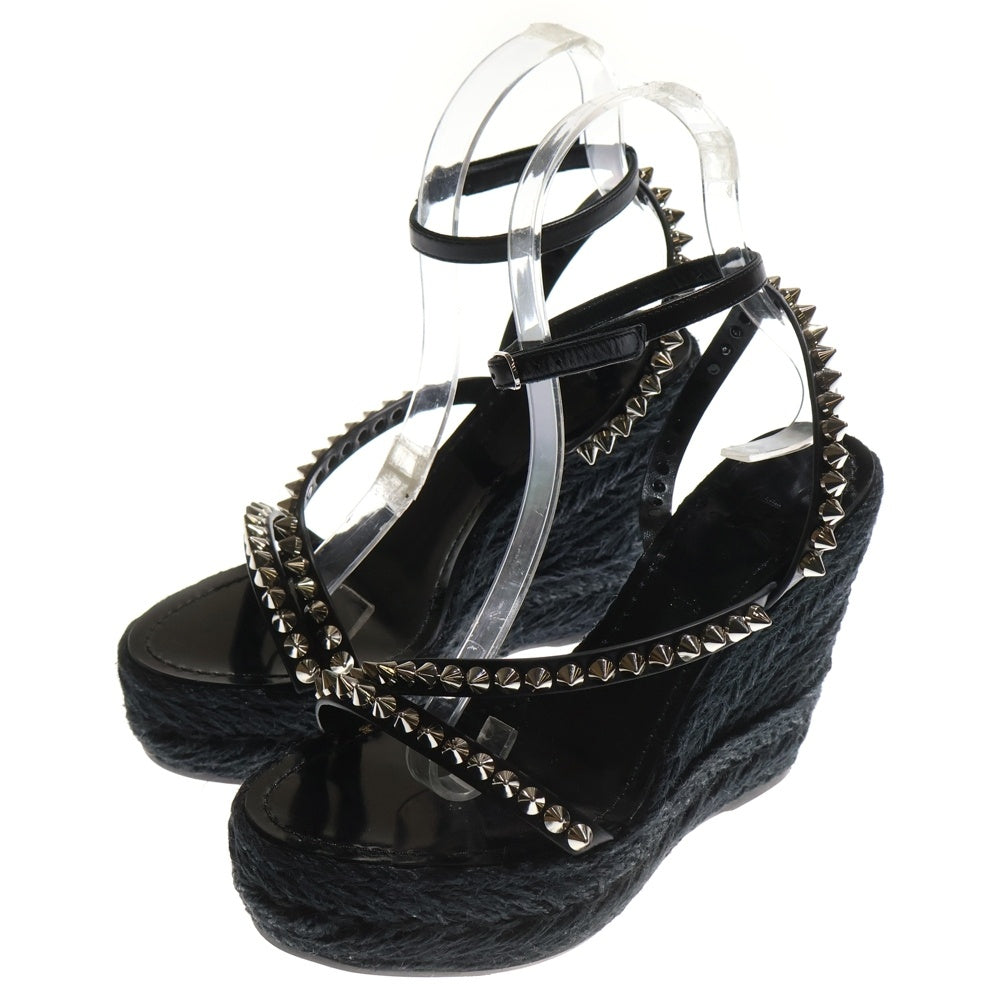 CHRISTIAN LOUBOUTIN(クリスチャンルブタン) スパイクスタッズ レザー ウェッジソール エスパドリーユ ヒール ストラップサンダル ブラック