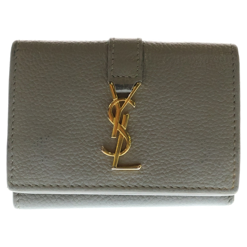 SAINT LAURENT PARIS(サンローランパリ) コンパクトウォレット 三つ折り財布 コインケース グレージュ レザー ゴールド金具