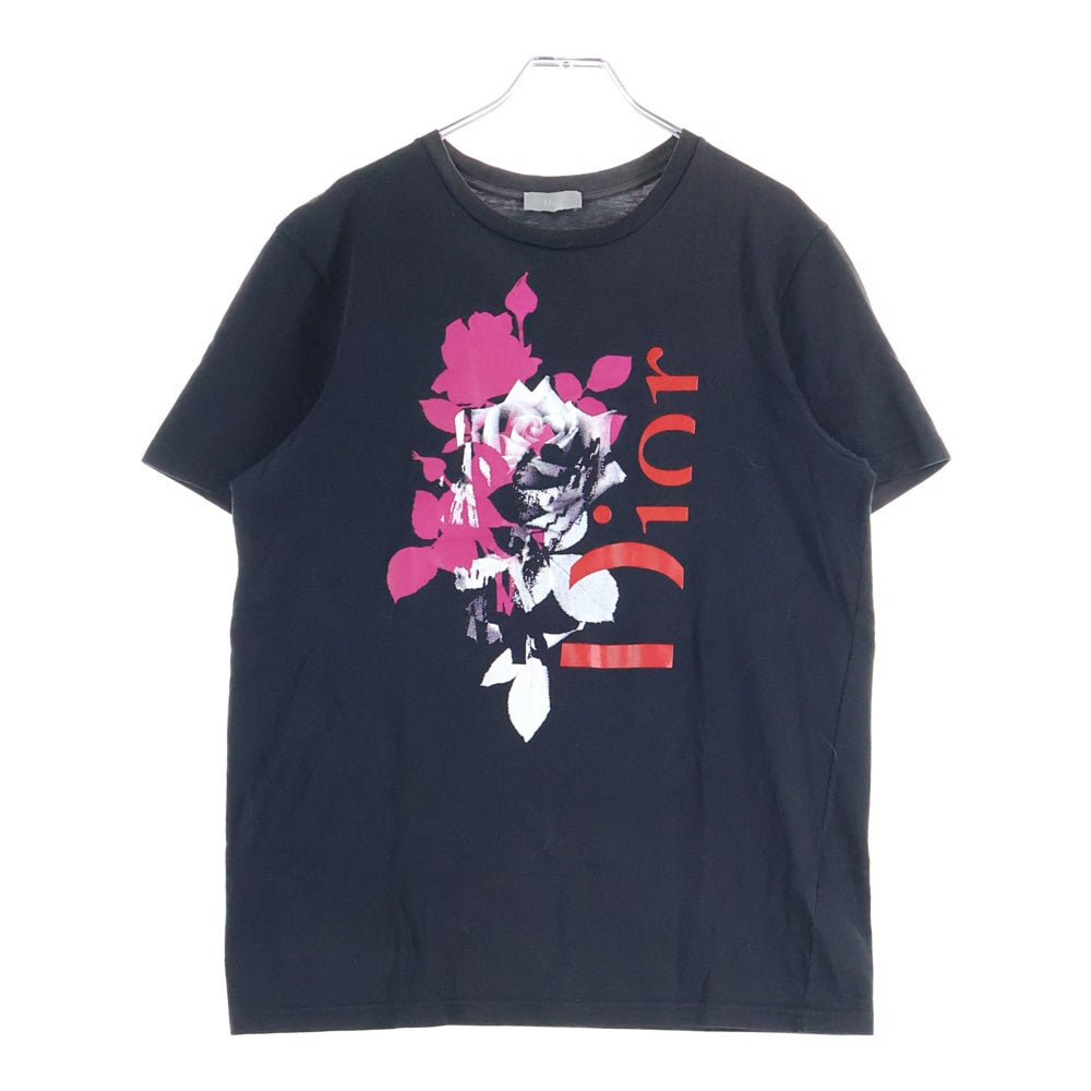 Dior HOMME(ディオールオム) 18SS ローズ 薔薇 フォトグラフィック ロゴプリント クルーネック 半袖Tシャツ カットソー ブラック 733J603I6312