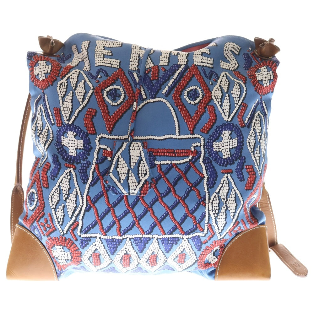 HERMES(エルメス) シルキーシティPM シルク レザー ショルダーバッグ シルバー金具 ブルー/ブラウン □M刻印