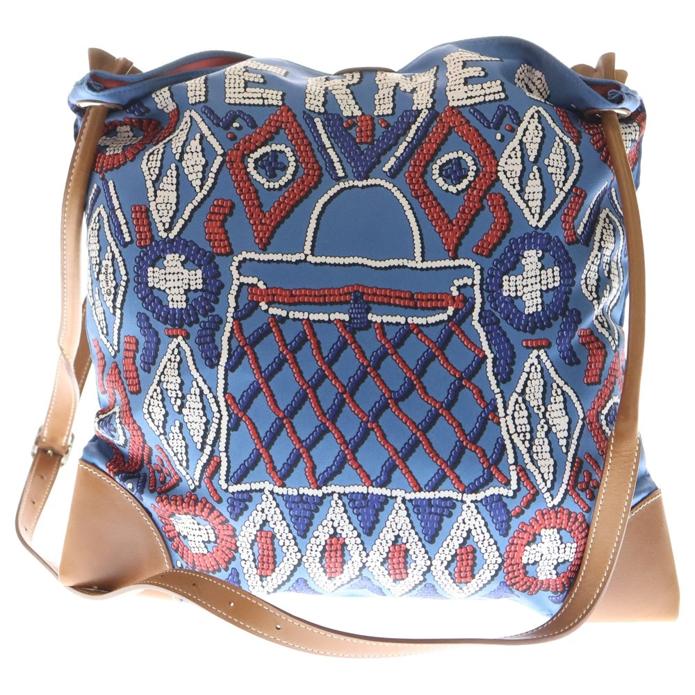 HERMES(エルメス) シルキーシティPM シルク レザー ショルダーバッグ シルバー金具 ブルー/ブラウン □M刻印