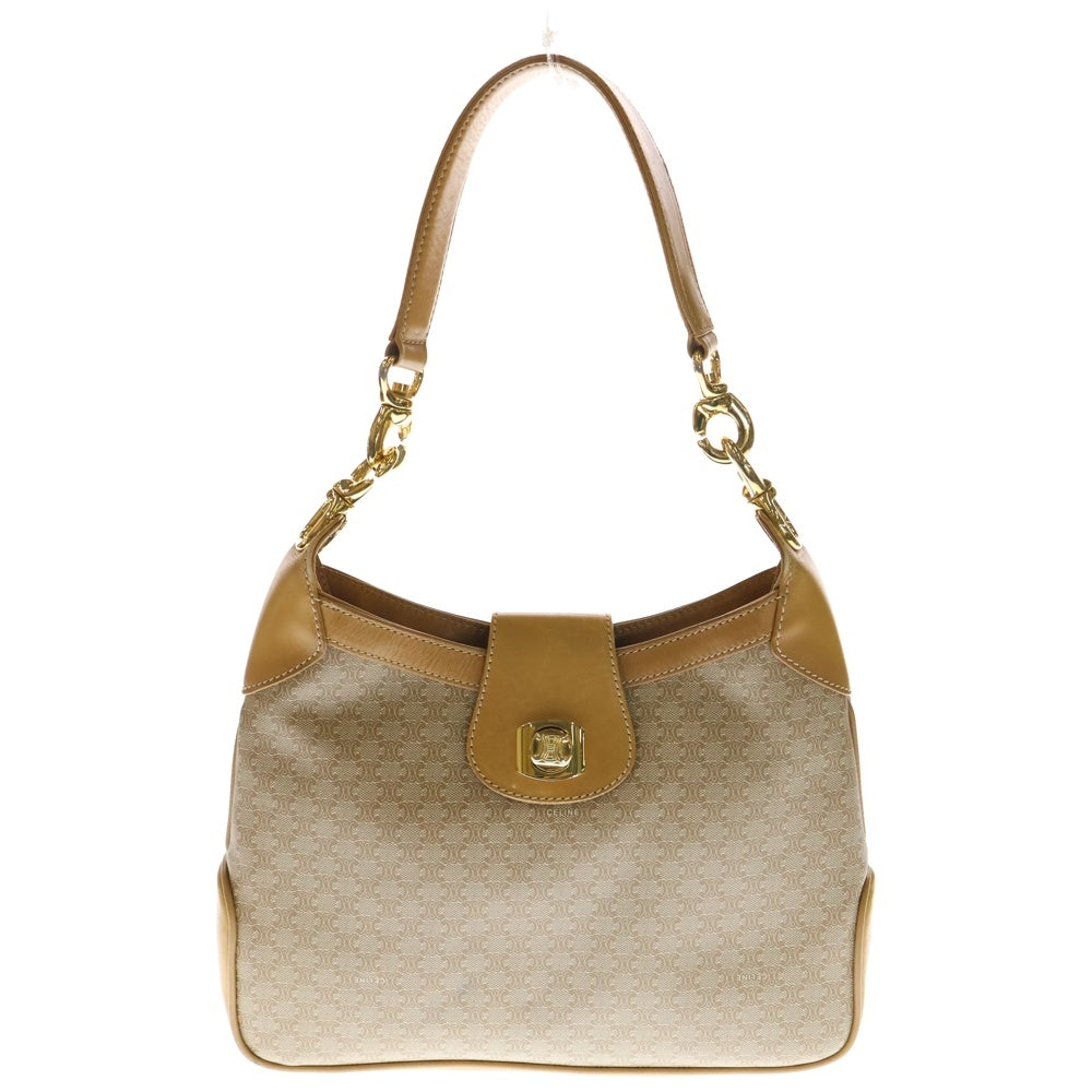 CELINE(セリーヌ) マカダム柄 キャンバス レザー ターンロック ワンショルダーバッグ ゴールド金具 ベージュ/ブラウン