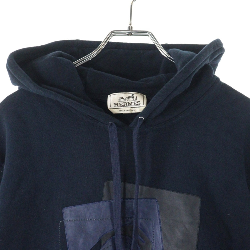HERMES(エルメス) レザーパッチ ステッチデザイン プルオーバースウェットパーカー フーディー ネイビー
