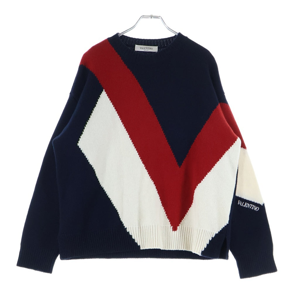 VALENTINO(ヴァレンティノ) ロゴ刺繍 トリコロールVジャガード クルーネック プルオーバー 長袖ニット セーター ネイビー/レッド UB3KC15Q5NE