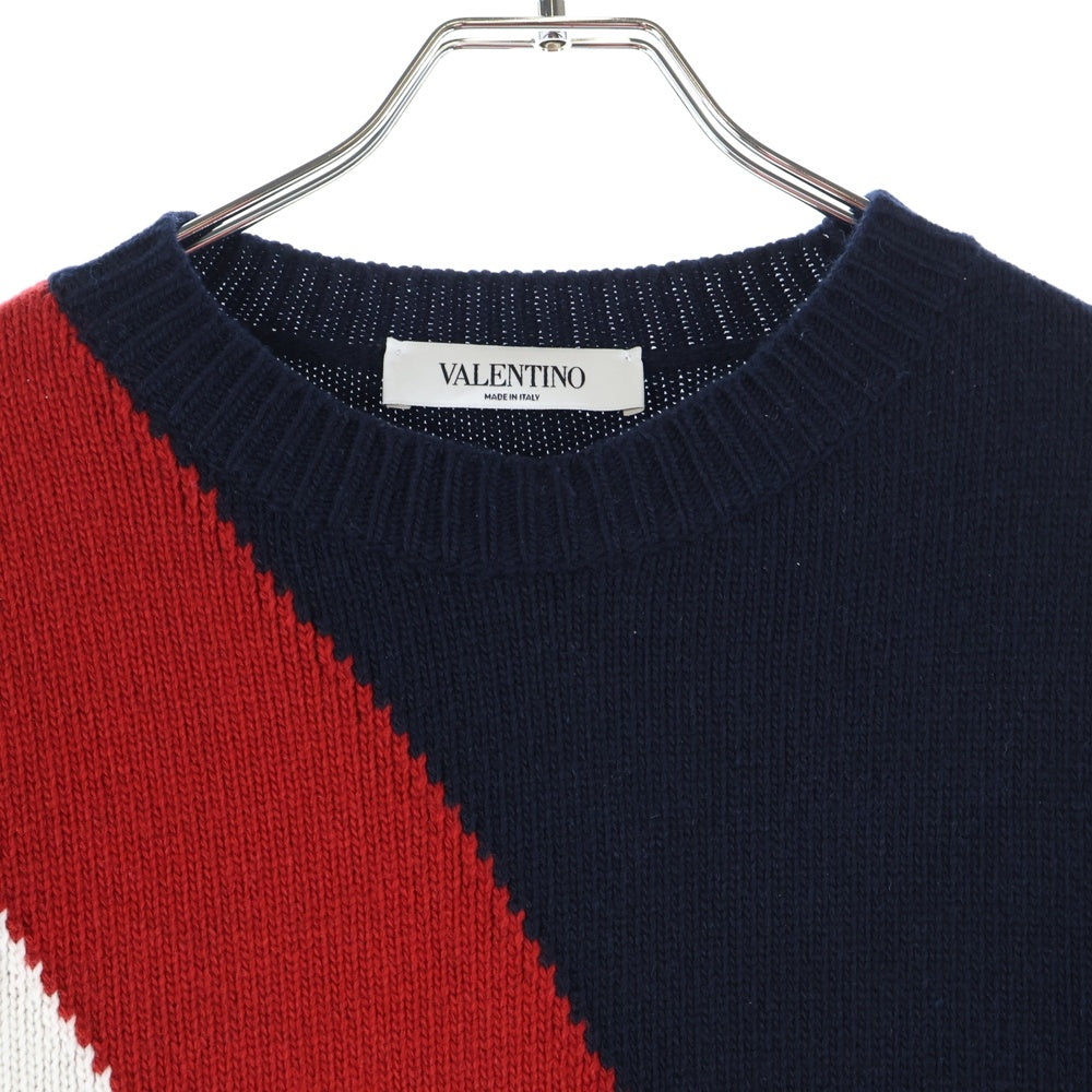 VALENTINO(ヴァレンティノ) ロゴ刺繍 トリコロールVジャガード クルーネック プルオーバー 長袖ニット セーター ネイビー/レッド UB3KC15Q5NE