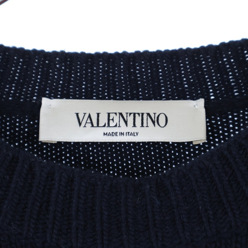 VALENTINO(ヴァレンティノ) ロゴ刺繍 トリコロールVジャガード クルーネック プルオーバー 長袖ニット セーター ネイビー/レッド UB3KC15Q5NE
