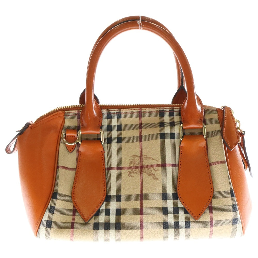 BURBERRY(バーバリー) ロゴ ノバチェック ハンドバッグ オレンジ×ベージュ レザー レディース