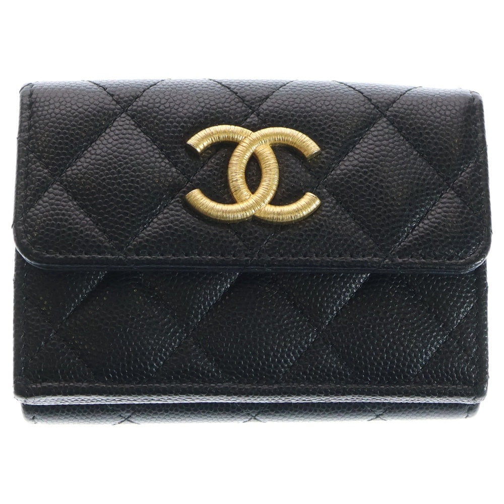 CHANEL(シャネル) マトラッセ ココマーク キャビアスキン レザー スモールフラップ コンパクトウォレット 三つ折り財布 ゴールド金具 ブラック AP3518 レディース