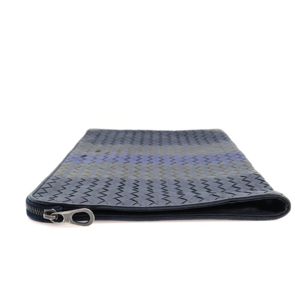 BOTTEGA VENETA(ボッテガヴェネタ) イントレチャート クラッチバッグ セカンドバッグ ケース ポーチ ブラック×ブルー×カーキ マルチカラー レザー シルバー金具