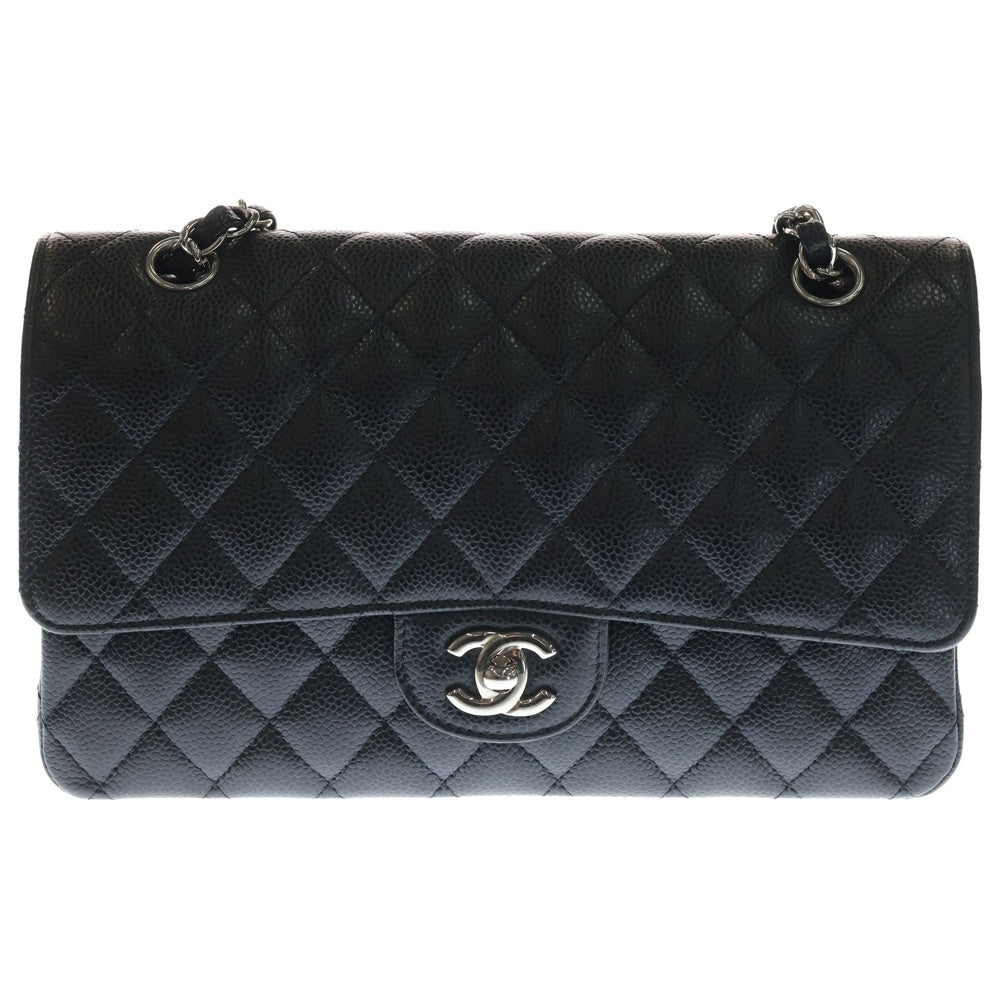 CHANEL(シャネル) マトラッセ25 ダブルフラップ ダブルチェーン ショルダーバッグ ブラック キャビアスキン シルバー金具 レディース