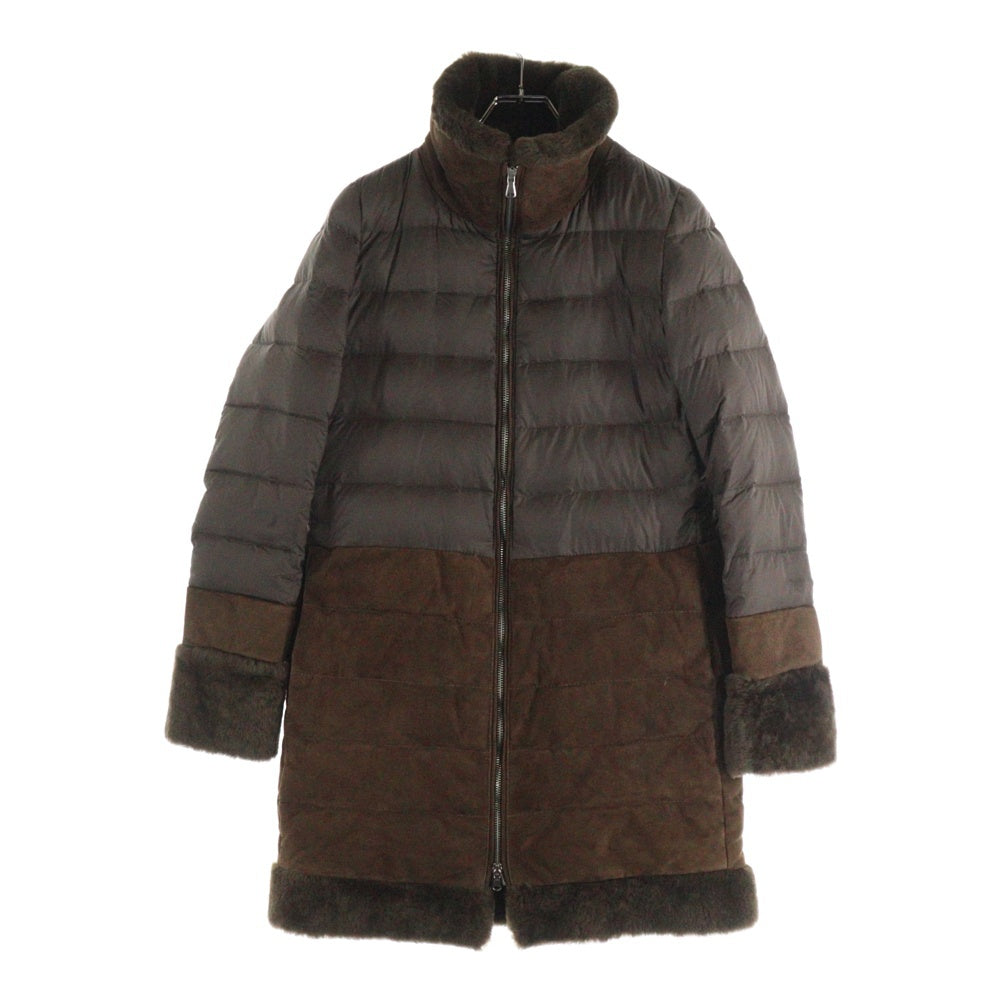 EMMETI(エンメティ) スエード ムートンレザー ボア切り替え ジップアップ ダウン ロング ジャケット コート ブラウン レディース