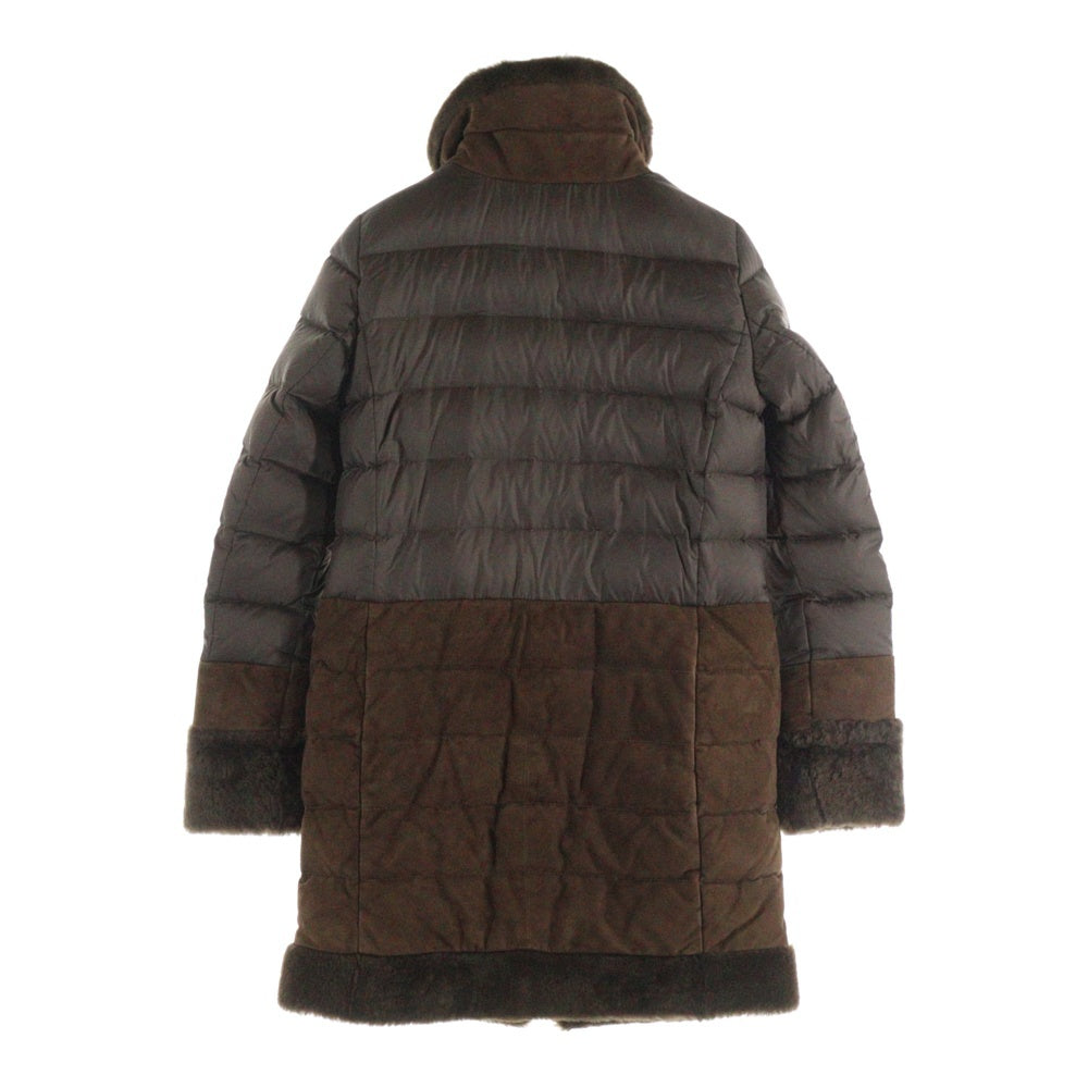 EMMETI(エンメティ) スエード ムートンレザー ボア切り替え ジップアップ ダウン ロング ジャケット コート ブラウン レディース