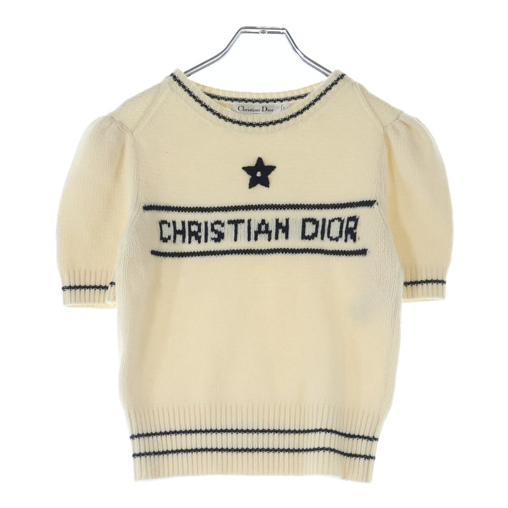 Christian Dior(クリスチャンディオール) ロゴジャガード カシミヤ混 ウール クルーネック プルオーバー 半袖ニット セーター アイボリー/ネイビー レディース 154S09AM305