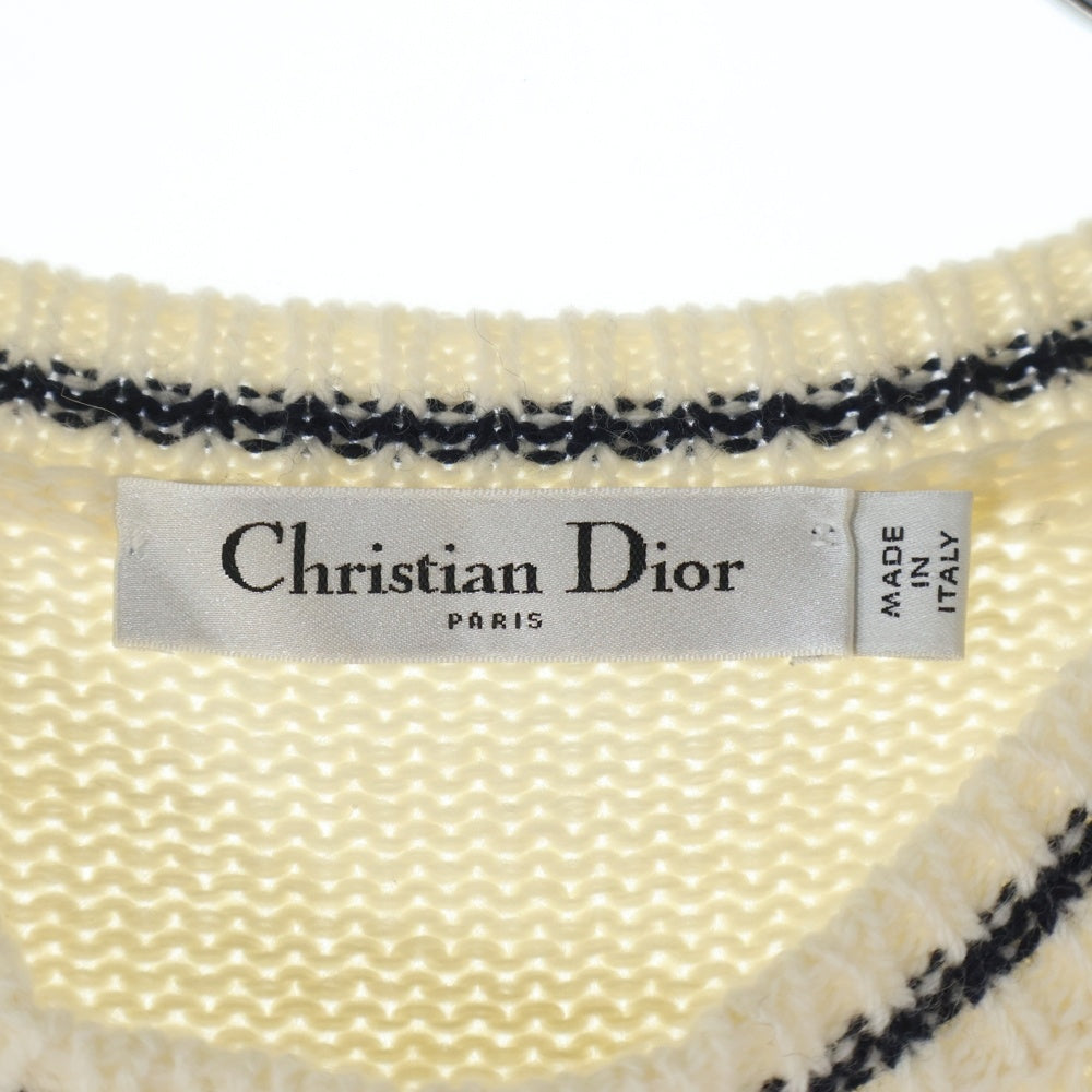 Christian Dior(クリスチャンディオール) ロゴジャガード カシミヤ混 ウール クルーネック プルオーバー 半袖ニット セーター アイボリー/ネイビー レディース 154S09AM305