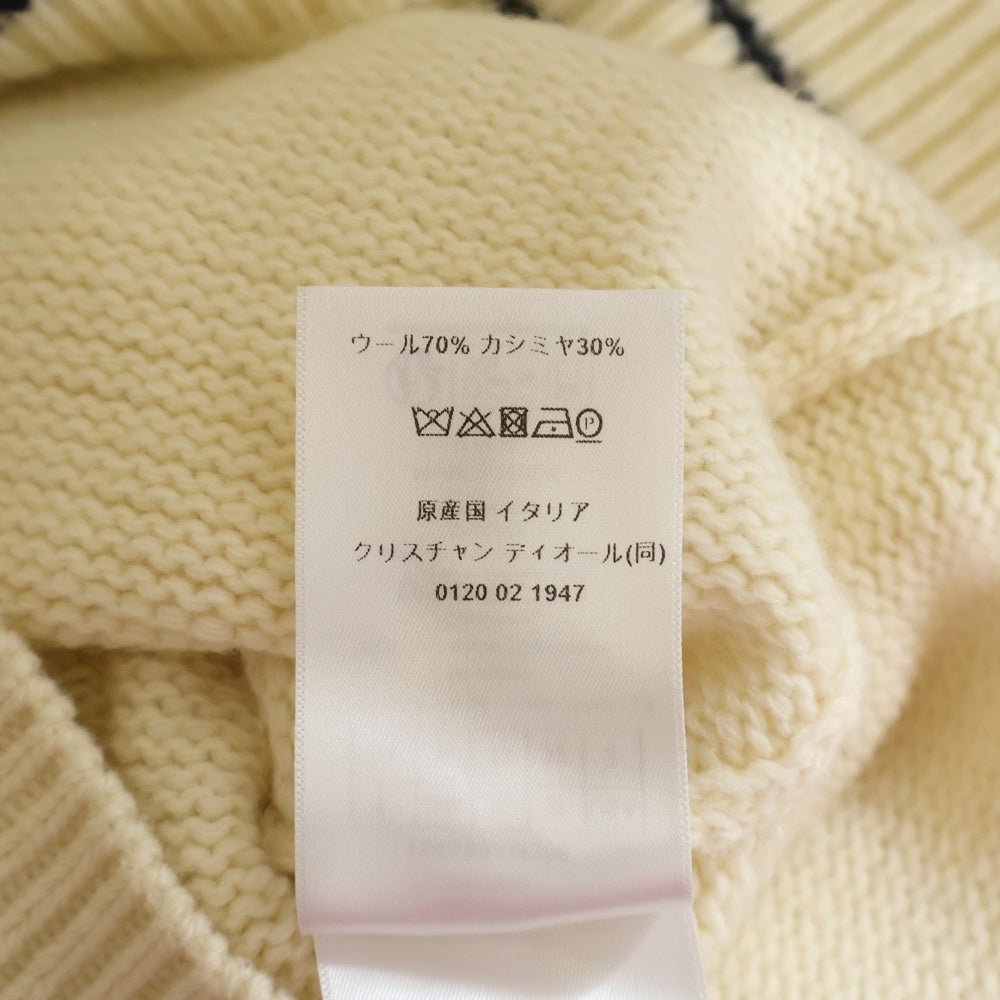 Christian Dior(クリスチャンディオール) ロゴジャガード カシミヤ混 ウール クルーネック プルオーバー 半袖ニット セーター アイボリー/ネイビー レディース 154S09AM305
