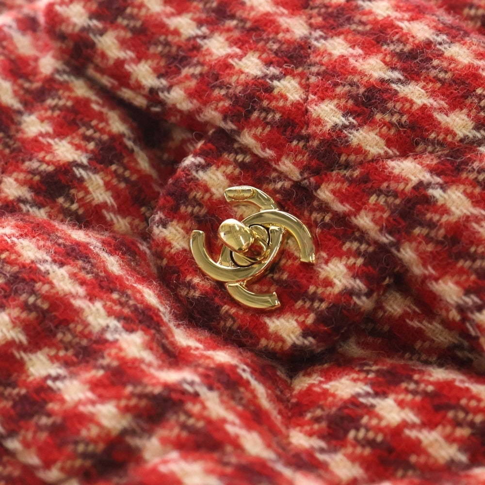 CHANEL(シャネル) ココネージュ ココマーク チェック総柄 ウール ツイード キルティング チェーンショルダー バックパック リュックサック ゴールド金具 レッド AS5053 レディース