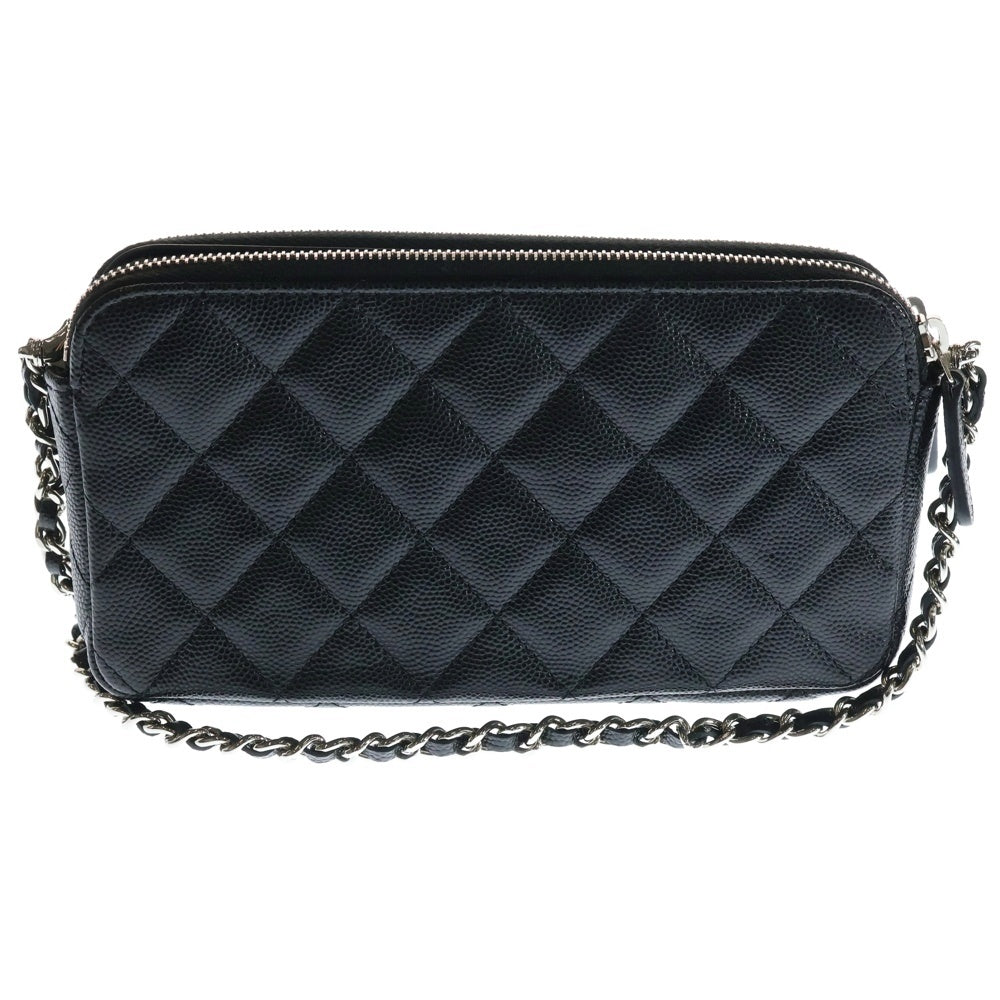 CHANEL(シャネル) マトラッセ キャビアスキン レザー ココマーク ロゴプレート チェーンショルダー バッグ ウォレット シルバー金具 ブラック AP3837 レディース