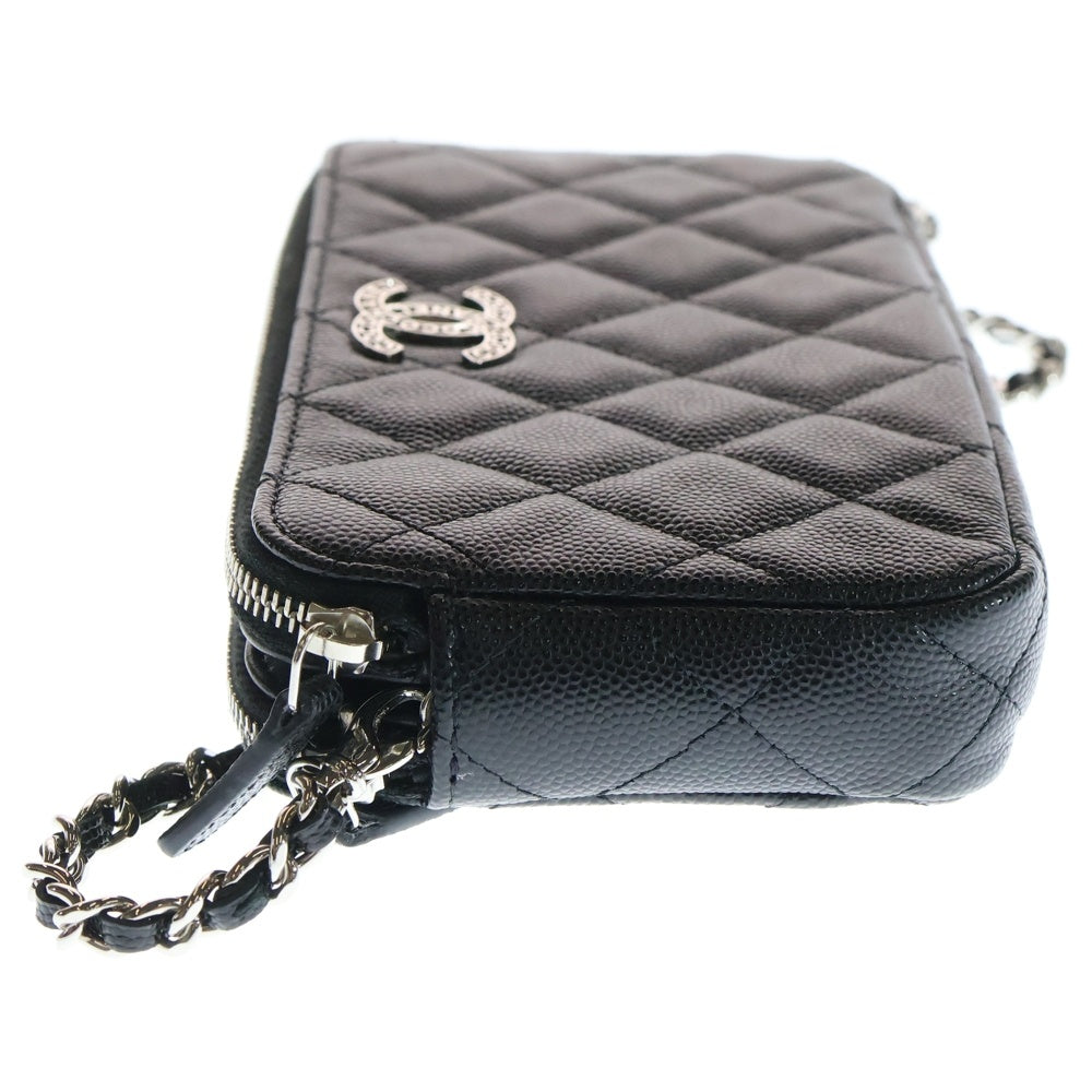 CHANEL(シャネル) マトラッセ キャビアスキン レザー ココマーク ロゴプレート チェーンショルダー バッグ ウォレット シルバー金具 ブラック AP3837 レディース