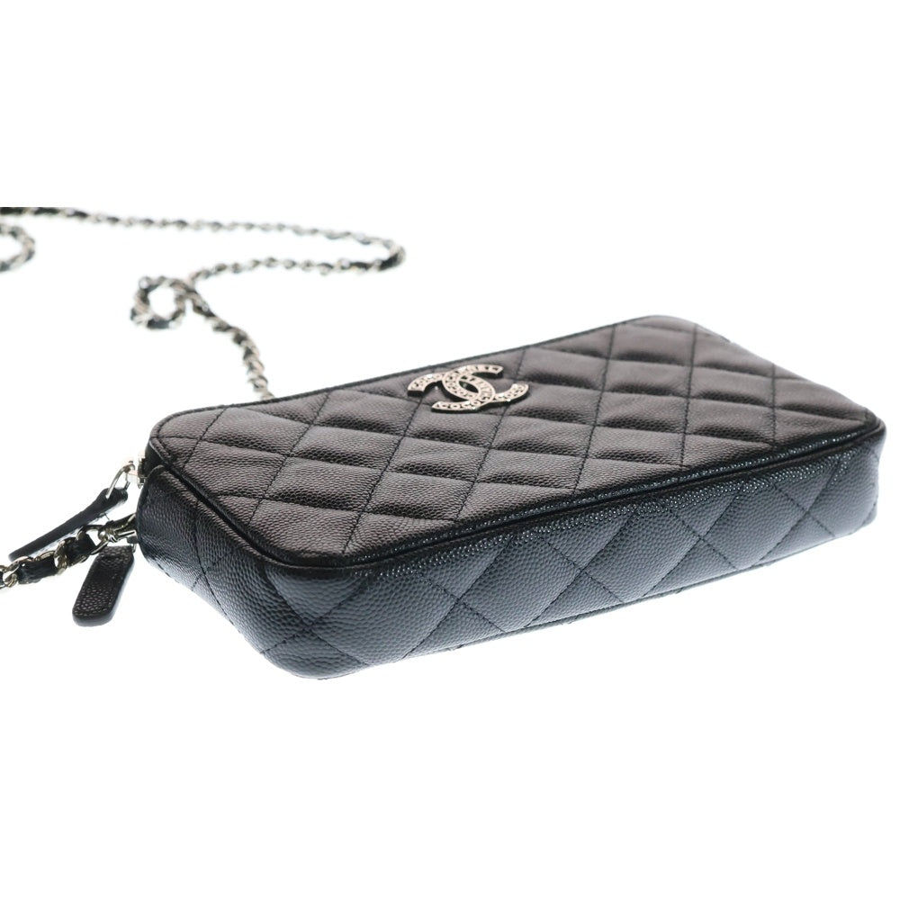 CHANEL(シャネル) マトラッセ キャビアスキン レザー ココマーク ロゴプレート チェーンショルダー バッグ ウォレット シルバー金具 ブラック AP3837 レディース