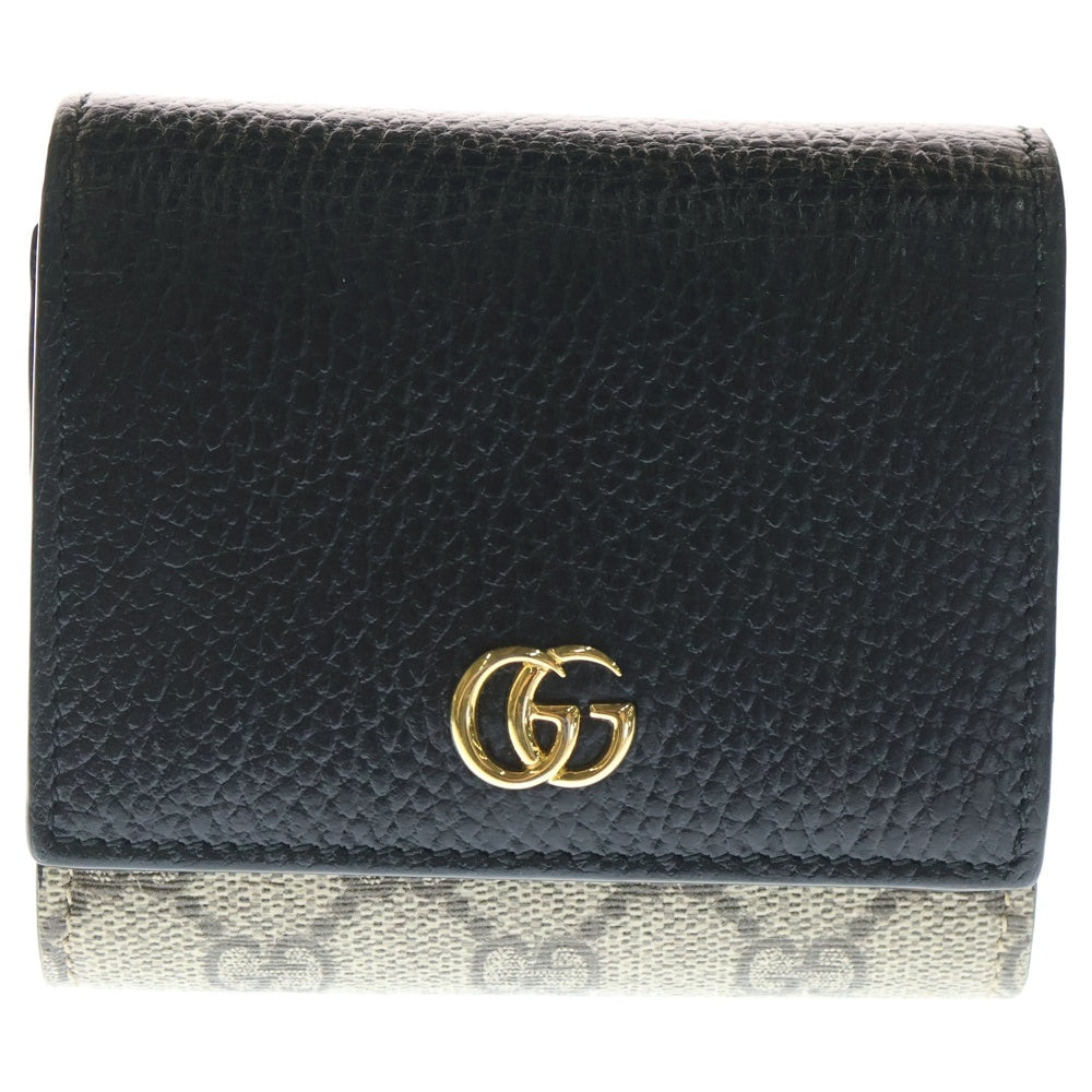 GUCCI(グッチ) ダブルG ミディアムウォレット コンパクトウォレット 三つ折り財布 ブラック×ベージュ レザー×PVC 598587 ゴールド金具