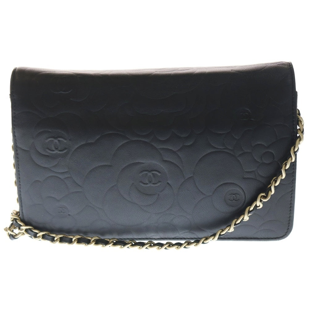 CHANEL(シャネル) カメリア チェーンウォレット ショルダーバッグ ミニバッグ ブラック レザー ゴールド金具 レディース