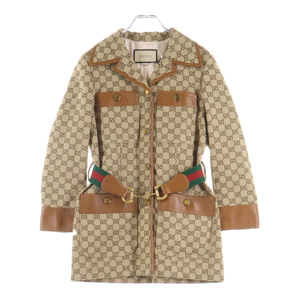 GUCCI(グッチ) GGキャンバス ウェブストライプジャケット ベージュ ブラウン レザー×キャンバス 682302 レディース