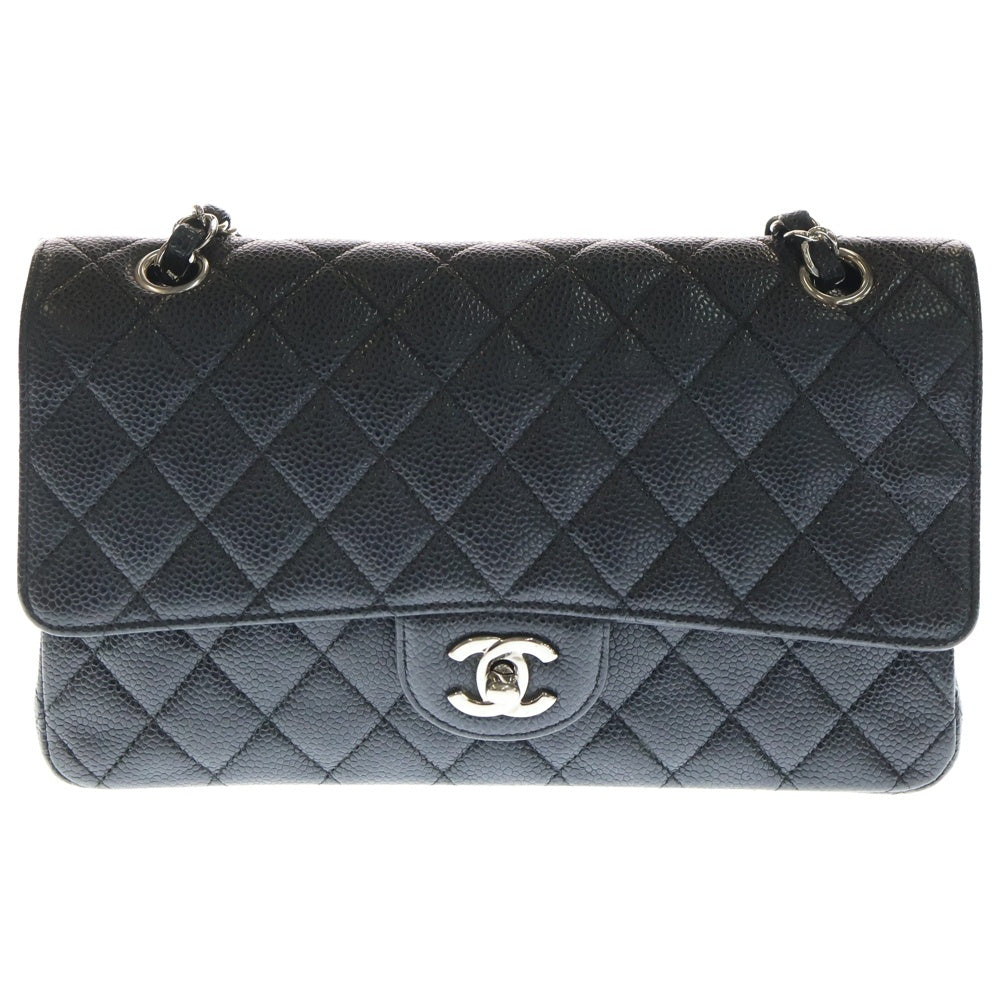 CHANEL(シャネル) マトラッセ25 ダブルフラップ ダブルチェーン ショルダーバッグ ブラック キャビアスキン シルバー金具 レディース