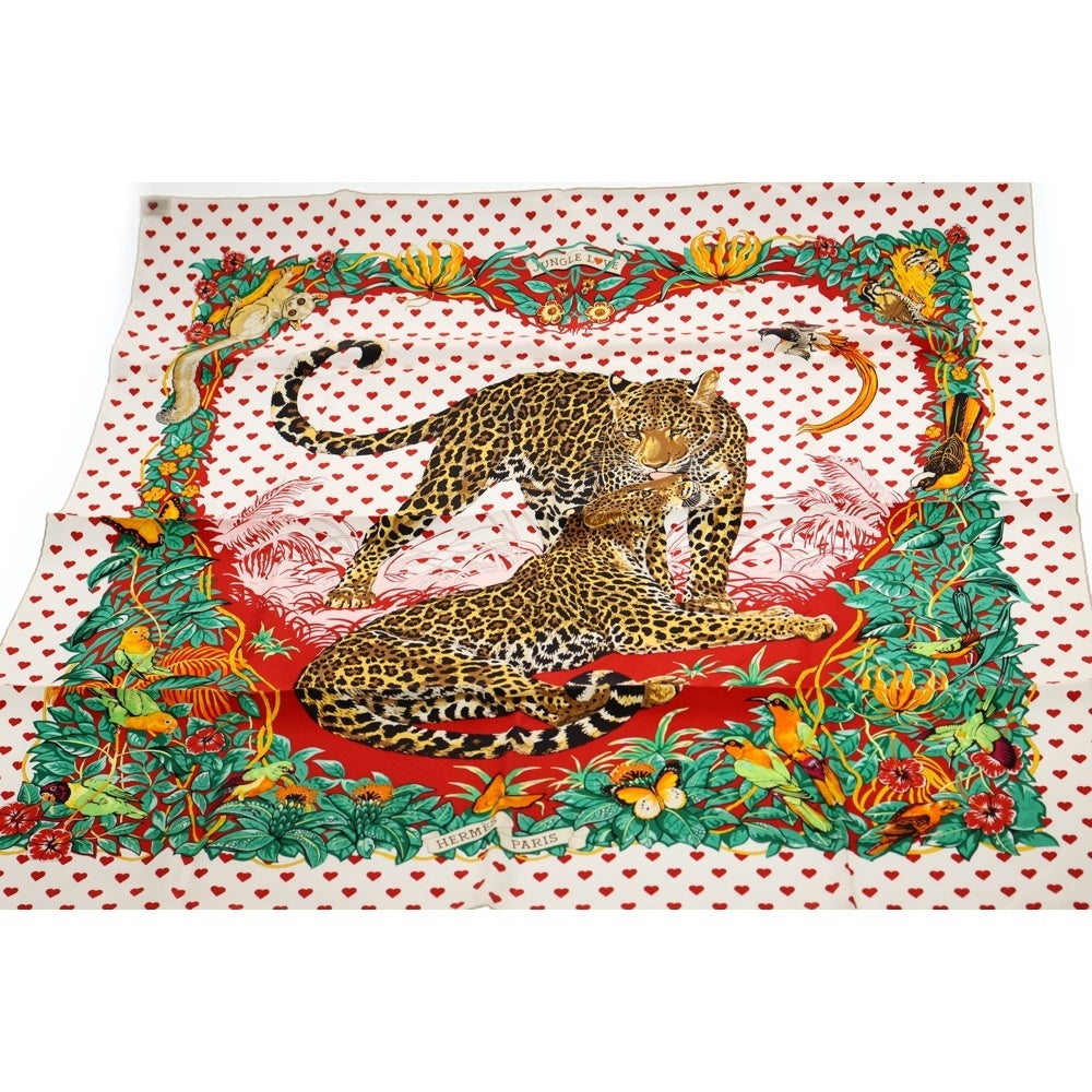 HERMES(エルメス) カレ90 シルク スカーフ ジャングルラヴ ラヴ レッド×マルチカラー レディース