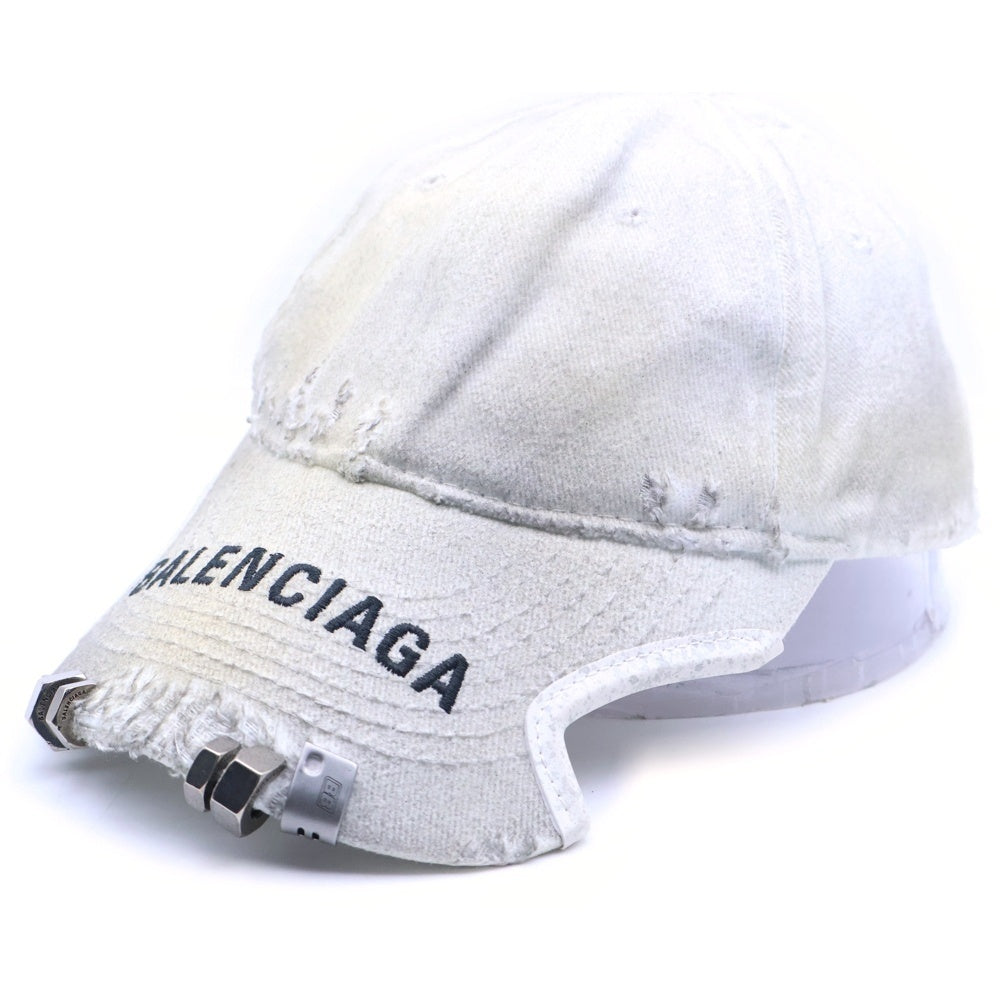 BALENCIAGA(バレンシアガ) Piercing Logo Cap ダメージ加工 ピアシング ロゴ刺繍 ベースボールキャップ 帽子 ホワイト