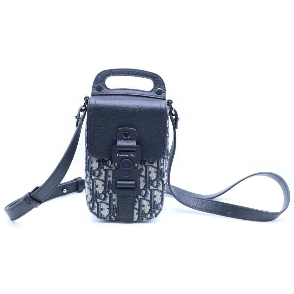 Christian Dior(クリスチャンディオール) サドル オブリーク バーティカルポーチ ショルダーバッグ フォンショルダー ミニバッグ ネイビー×ブラック キャンバス×レザー シルバー金具 レディース