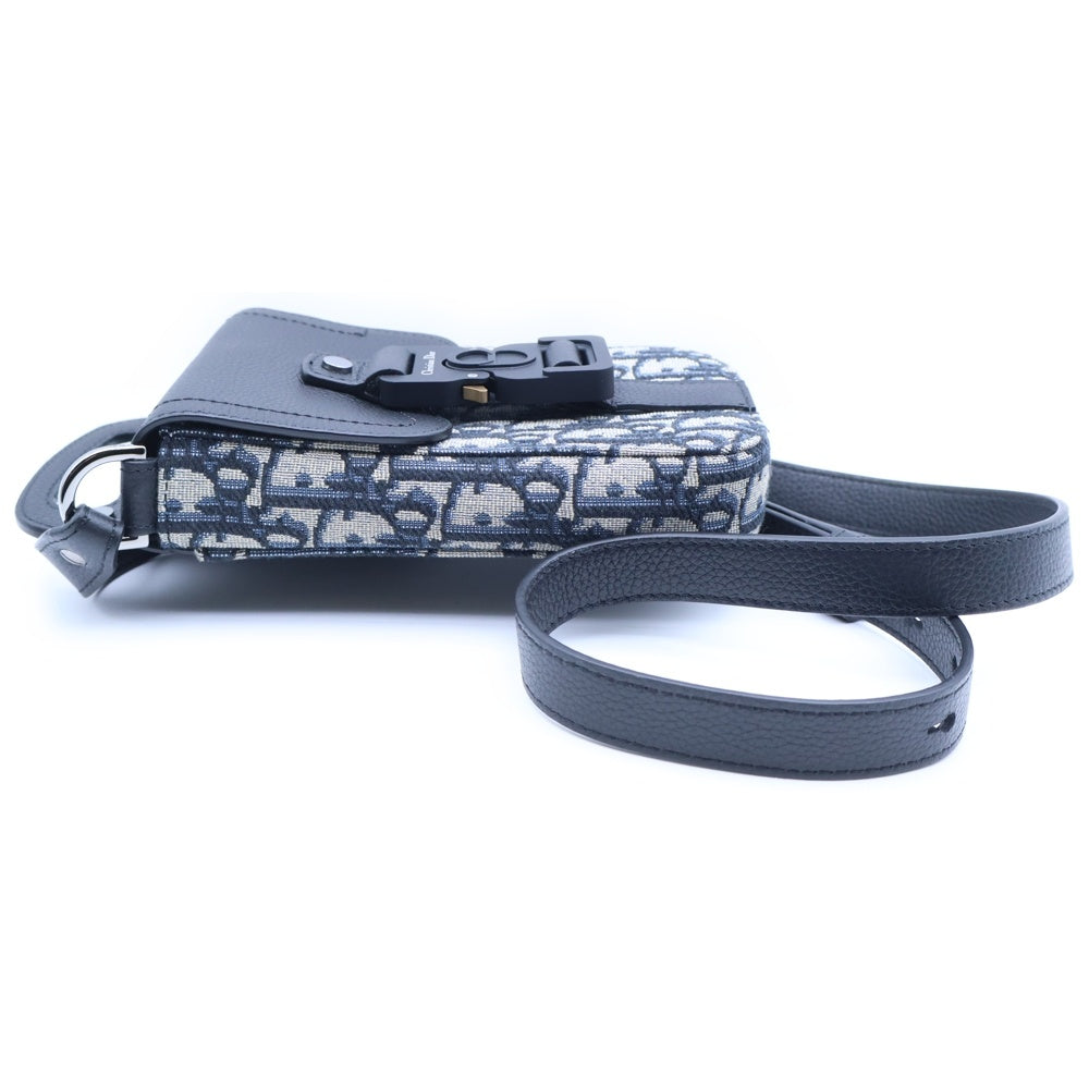 Christian Dior(クリスチャンディオール) サドル オブリーク バーティカルポーチ ショルダーバッグ フォンショルダー ミニバッグ ネイビー×ブラック キャンバス×レザー シルバー金具 レディース