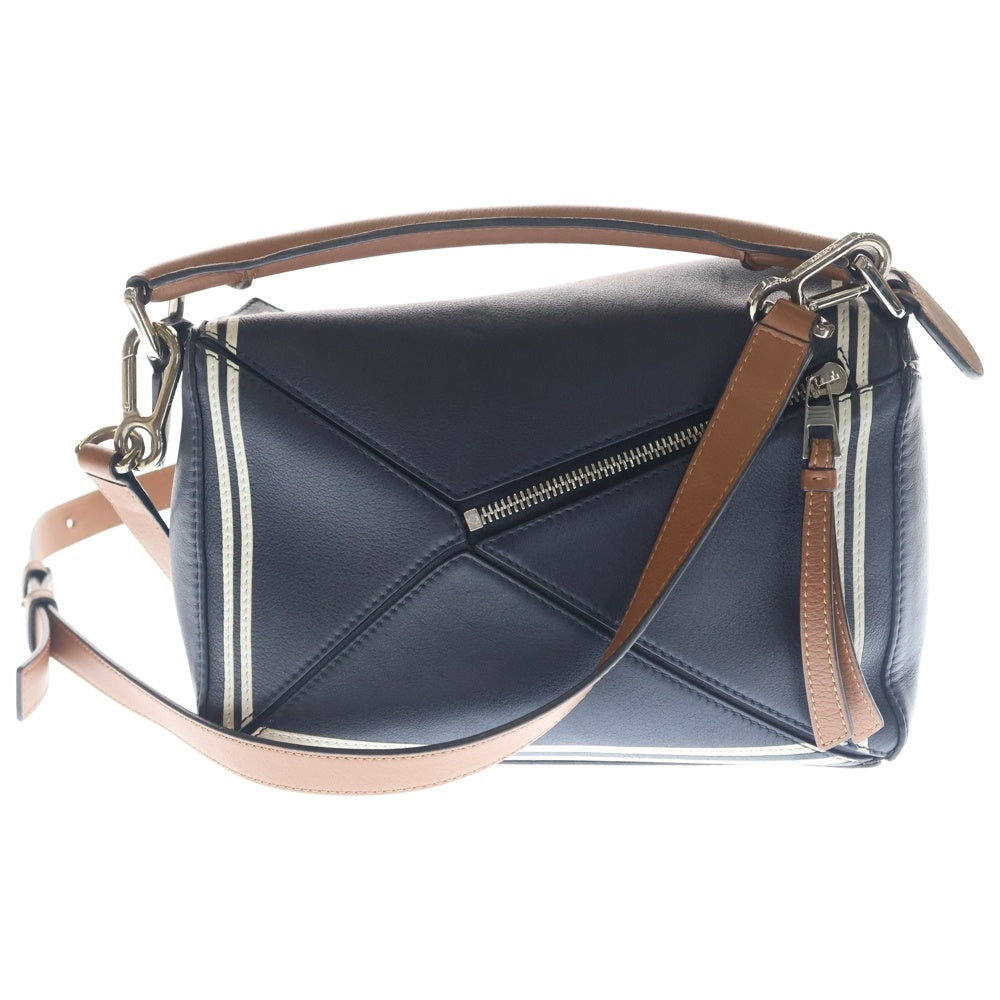 LOEWE(ロエベ) パズルバッグ スモール セーラー ネイビー×ホワイト×ブラウン レザー シルバー金具 レディース