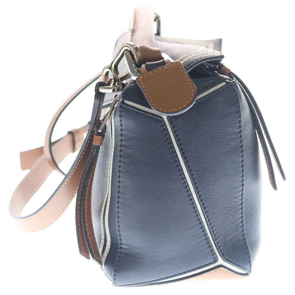 LOEWE(ロエベ) パズルバッグ スモール セーラー ネイビー×ホワイト×ブラウン レザー シルバー金具 レディース