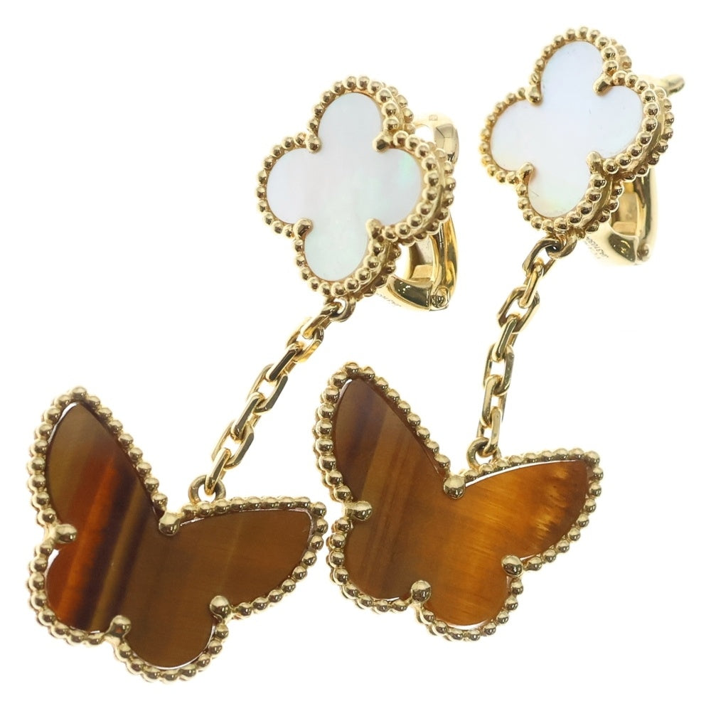 Van Cleef & Arpels(ヴァンクリーフアンドアーペル) ラッキーアルハンブラ タイガーズアイ×マザーオブパール 2モチーフ ピアス イエローゴールド Au750YG VCARD79800 ジュエリー レディース