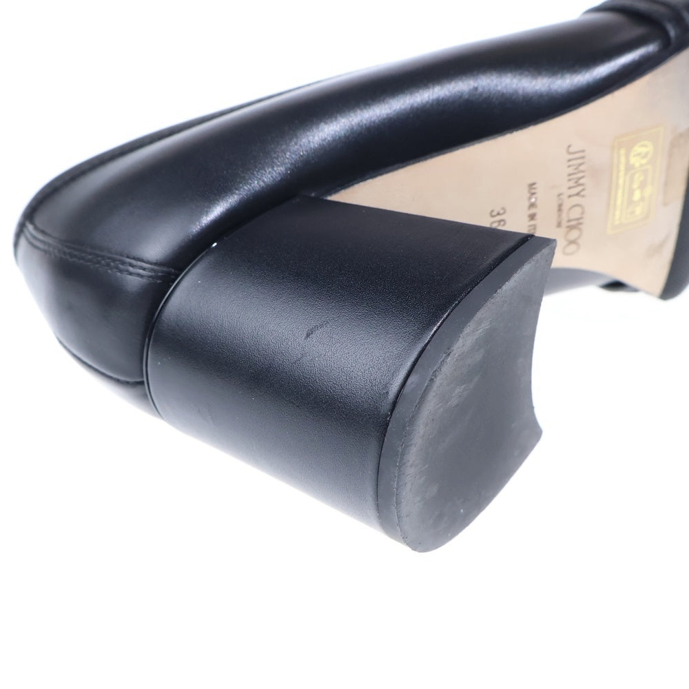 JIMMY CHOO(ジミーチュウ) JCロゴバックル レザー スクエアトゥ ヒール ローファー シューズ ブラック レディース